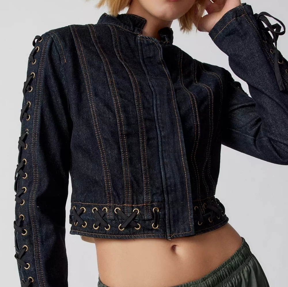 NEW Lioness Dark Indigo Berlin Denim Crop Jacket Lace-Up Accents Size L US 8 NWT